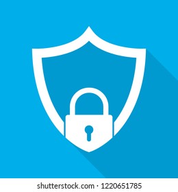 Shield with lock on blue background. Vector illustration. White shield with lock icon in flat style.