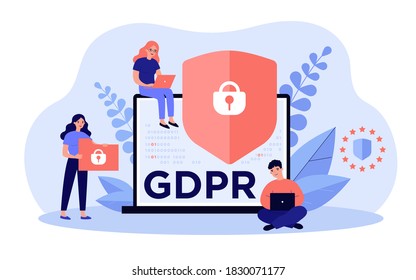 Shield with lock on computer display as symbol of general data protection regulation. People sure of their privacy while using gadgets. Vector illustration for GDPR, information protection concept