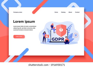 Shield with lock on computer display as symbol of general data protection regulation. People sure of their privacy while using gadgets. Vector illustration for GDPR, information protection concept