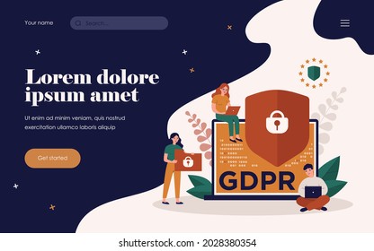 Shield with lock on computer display as symbol of general data protection regulation. People sure of their privacy while using gadgets. Vector illustration for GDPR, information protection concept
