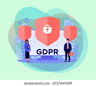 Escudo con cerradura en la pantalla del ordenador como símbolo de la regulación general de protección de datos. Personas seguras de su privacidad mientras usan gadgets. Ilustración vectorial para GDPR, concepto de protección de la información