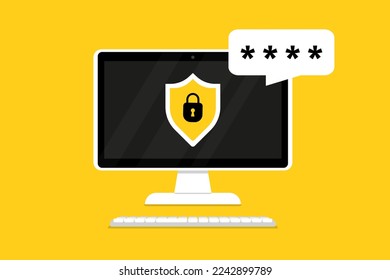 Shield with lock on computer. Padlock login password. Concept data protection on computer. Personal data security. Protect confidential data computer. Vector illustration