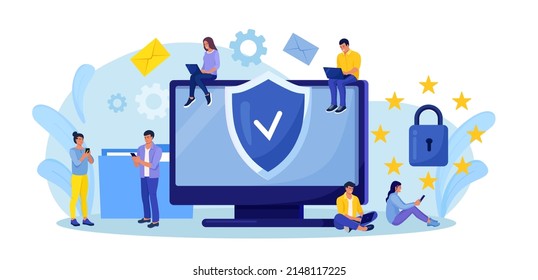 Shield with lock on computer screen as symbol of general data protection regulation. GDPR and privacy politics concept. Tiny people protecting business data and legal information. Vector design