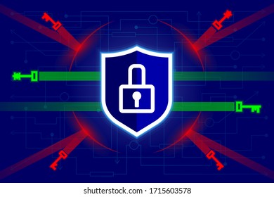 Shield with lock on digital, cyber background. Network protection, GDPR, reflection and protection against hacker attacks. Allowed electronic keys, prohibition, ban of unknown cracking keys. Vector