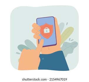 Shield with lock on phone screen in human hand. Protection of personal date on smartphone flat vector illustration. Safety, antivirus, security concept for banner, website design or landing web page