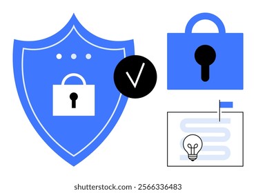 Shield with lock, padlock, check mark, and plan with lightbulb. Ideal for cybersecurity, data protection, technology, safety, and planning. Simple vector style with blue, black, and white colors