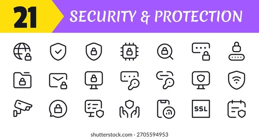 Shield lock password alert firewall privacy safe folder verification cyber protection icons for data safety and security UI.