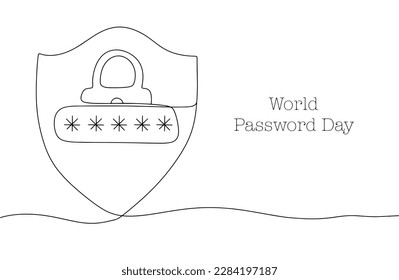 Shield, lock and password. Protection of personal data. One line drawing for different uses. World Password Day. Vector illustration