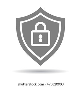 Shield lock protection. Concept of supply, insurance and safety. Isolated grey shield with lock icon on white background.