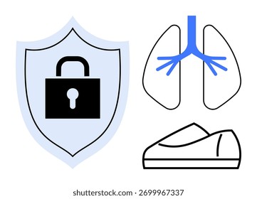 Shield with lock representing protection next to illustrated lungs and line art shoes. Ideal for health, respiratory safety, medical equipment, protective gear, health and wellness campaigns, safety