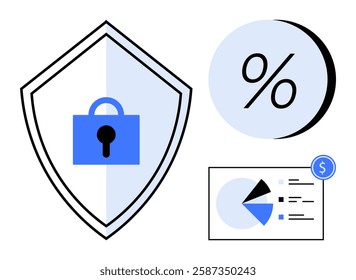 Shield with lock for security, percentage symbol, and pie chart with financial dollar icon. Ideal for cybersecurity, financial analysis, data protection, online security, financial management