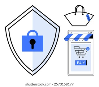 Shield with a lock, shopping bag with a tag and a smartphone screen displaying an online store with a purchase button. Ideal for e-commerce, data protection, online security, mobile shopping, digital