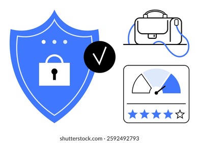 Shield with lock symbol and checkmark, briefcase, performance meter with star rating. Ideal for cybersecurity, business, technology, protection, data security, performance management, success