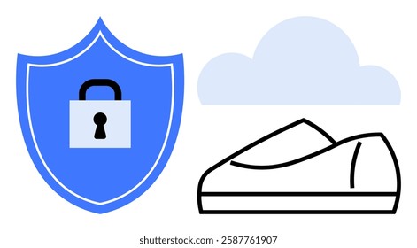 Shield with lock symbol, cloud icon, and shoe illustration represent cybersecurity, cloud computing, and data encryption. Ideal for security, technology, cloud services, data protection, digital