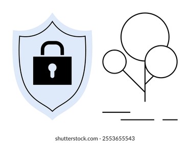 Shield with lock symbol next to a minimalistic tree. Ideal for security protection privacy nature simplicity and technology. Clean lines and muted colors enhance the modern style of the elements