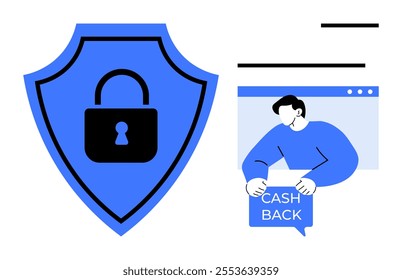 Shield with lock symbol and person receiving cashback highlight online safety and transaction reliability. Ideal for finance, technology, e-commerce, security, and digital marketing themes