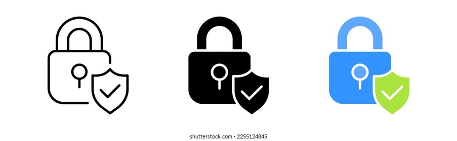 Shield and lock with tick line icon. Success, security, protection, protection, vindication, password, twofactor. Vector icon in line, black and colorful style on white background