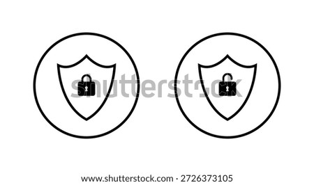 Shield lock and unlock icon set in circular outline. Security, privacy protection, and access control symbol