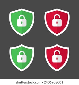 Shield with lock and unlock icon vector. Red and green shields symbol