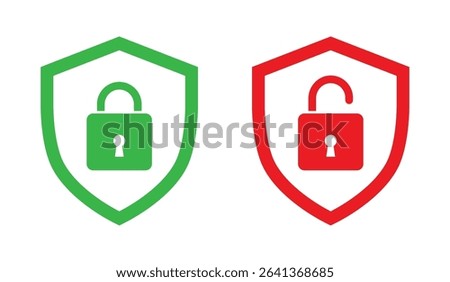Shield with lock and unlock symbol security icon set in red and green color outline style vector illustration.
