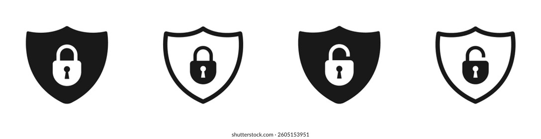 Shield lock and unlock vector icons set