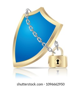 Shield locked by a chain.Isolated on white background.