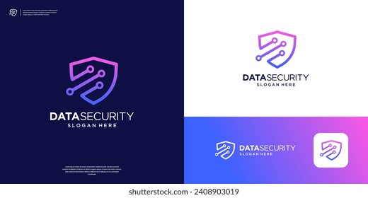 Logotipo Escudo con símbolo de tecnología punto abstracto. Logo de seguridad para la protección de datos de privacidad.