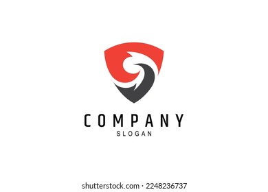 Shield logo with abstract letter S concept in black and red flat design style