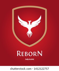 Shield logo with abstract vector phoenix bird illustration suitable for branding and badges. Dark red with white concept design. 