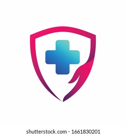 Shield logo accompanied care symbol
