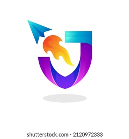 Shield logo and airplane design combination, up icon template