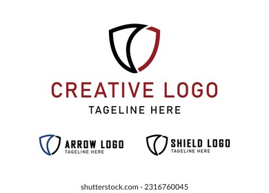 Schild-Logo und Pfeil- oder Speerkopf. Symbol für Schutz, Verteidigung, Stärke. Einfaches Vektordesign bearbeitet