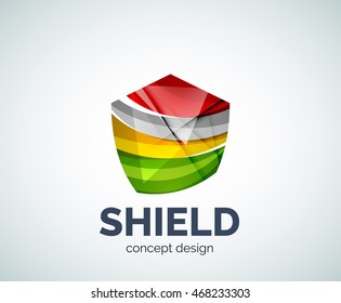 Shield logo business branding icon, created with color overlapping elements. Glossy abstract geometric style, single logotype