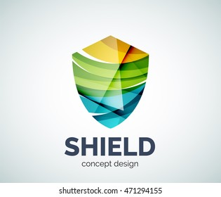 Shield logo business branding icon, created with color overlapping elements. Glossy abstract geometric style, single logotype