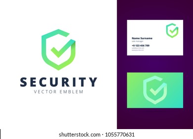 Shield logo and business card template in modern gradient line style. Vector illustration.