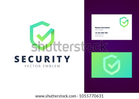 Shield logo and business card template in modern gradient line style. Vector illustration.