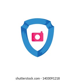 shield logo, shield with camera, flat style, logo concept