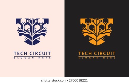 Logotipo de escudo com uma árvore de circuito e folhas de hexágono. Representa segurança cibernética, proteção tecnológica, defesa de rede e inovação.