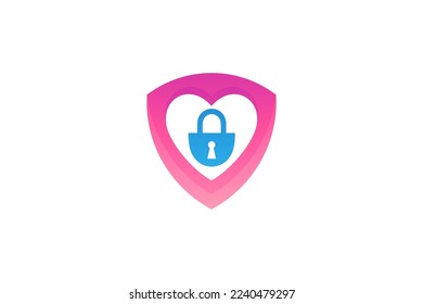 Shield logo with combination of heart shape and key padlock inside in simple design style
