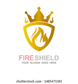 Shield logo and crown, Emblem with fire element and shield. Vector symbol for corporate identity. Black and gold.