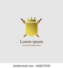 shield logo with crown and sword. vector logo design concept.