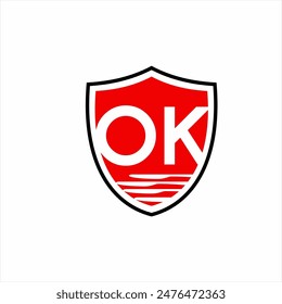 Shield logo design with illustration of the letter OK and waves.