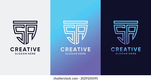 Shield Logo Design Anfangsbuchstabe SA mit Linie Art-Stil und kreatives Konzept. Logo-Design-Vorlage für Unternehmen und Privatpersonen