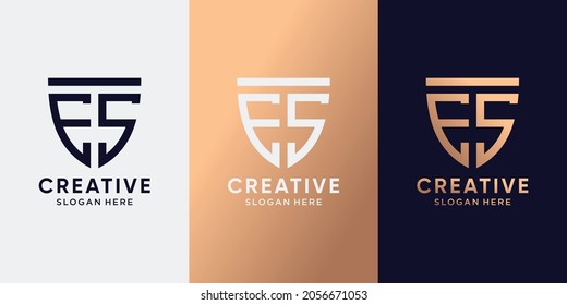 Shield logo design initial letter ES with line art style and creative concept. Logo design template for business company and personal