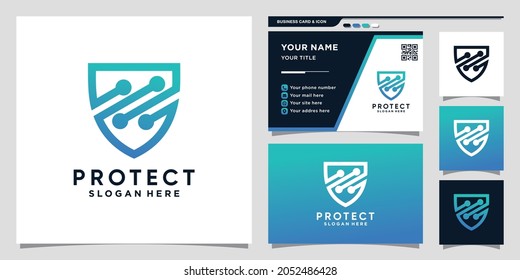 Shield logo design technology with line art and business card design Premium Vector