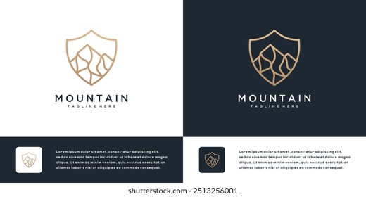 Modelo de design de logotipo da Shield com montanhas na arte moderna da linha.	