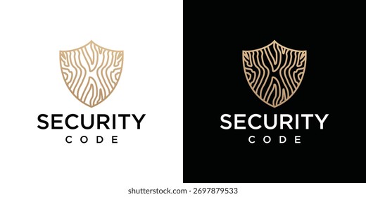  Plantilla de diseño de logotipo de escudo con patrón de madera en el arte de línea moderno.