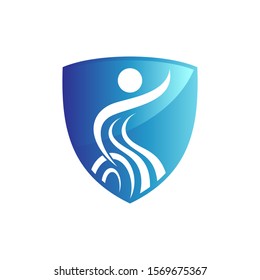 Shield logo of disabled people care and support, Disabilities charity logo,  
People with disabilities protection logo, Icon help disabled people, Human sitting on the wheelchair vector illustration