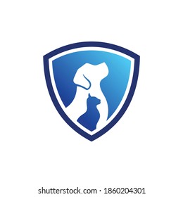 shield logo with dog and cat silhouette, pet clinic icon