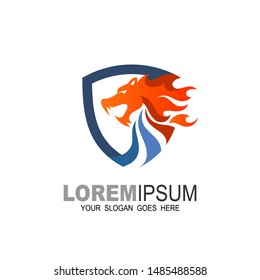Shield logo and dragon, dragon logo with fire design template, Security icon, Predator logo